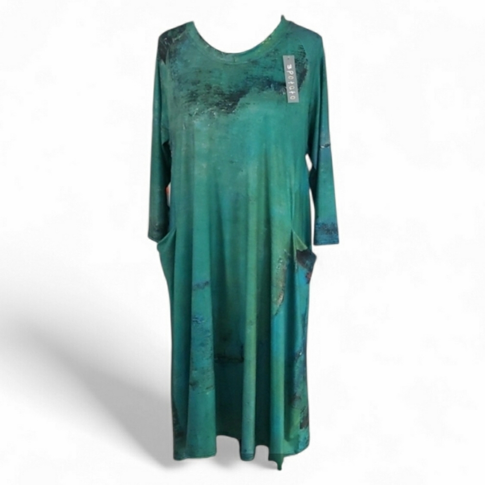 3 Potato Long Sleeve Tunic With Pockets Green Dress New Size S/M